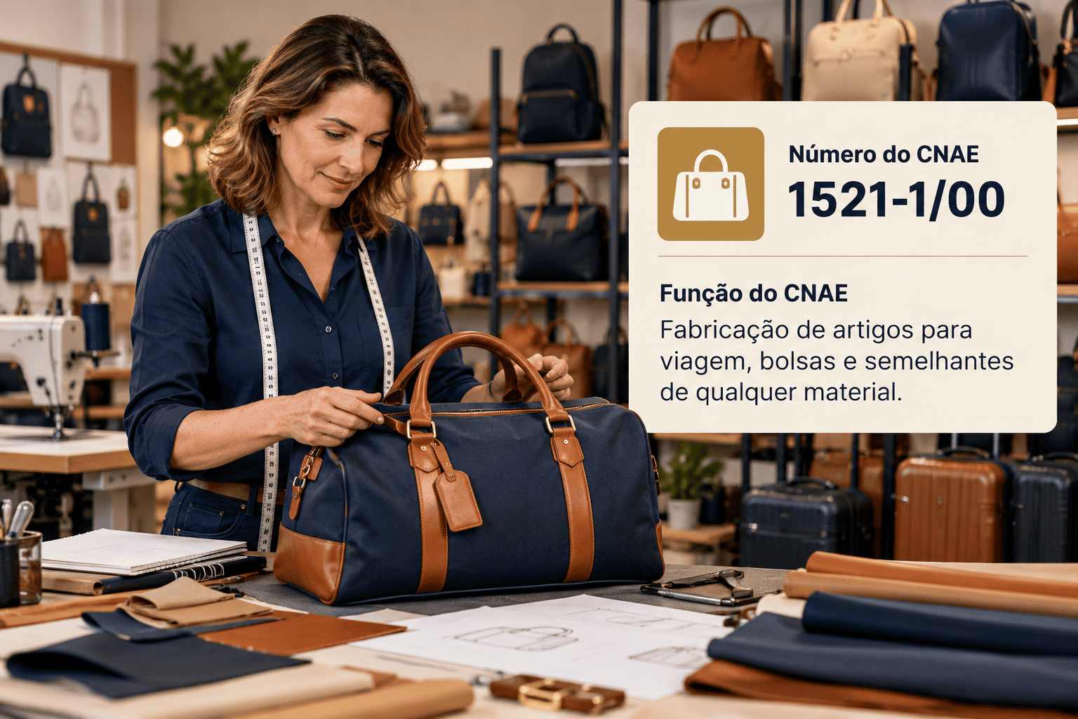 Bolsas de couro sendo montadas num ateliê, ilustrando o CNAE 1521-1/00