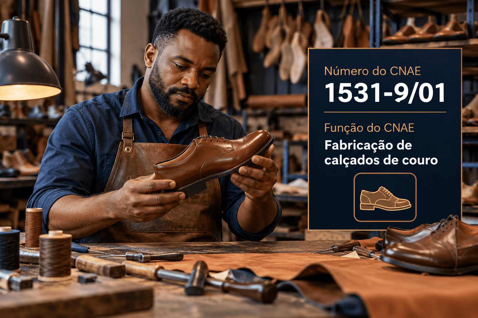 Sapatos de couro na linha de montagem de uma fábrica, ilustrando o CNAE 1531-9/01