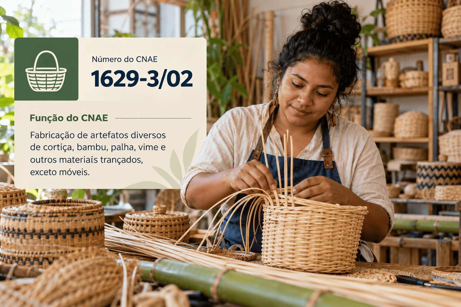 Cestos de vime e peças de bambu num ateliê, ilustrando o CNAE 1629-3/02