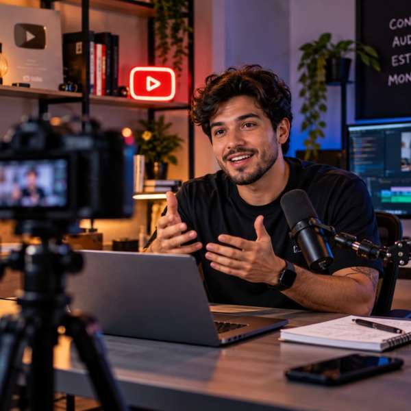 Reforma tributária para youtubers: criador gravando vídeo em estúdio com nota fiscal