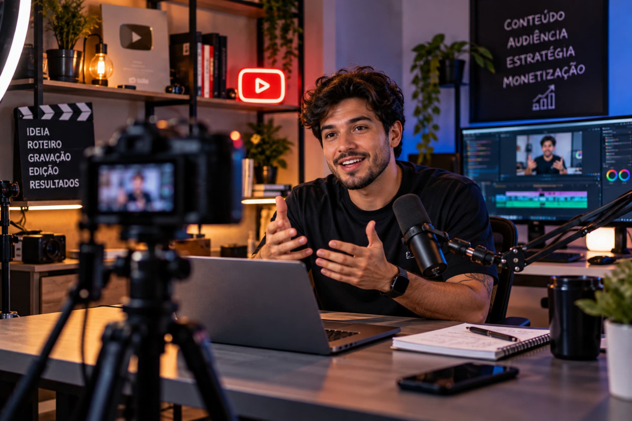 Reforma tributária para youtubers: criador gravando vídeo em estúdio com nota fiscal