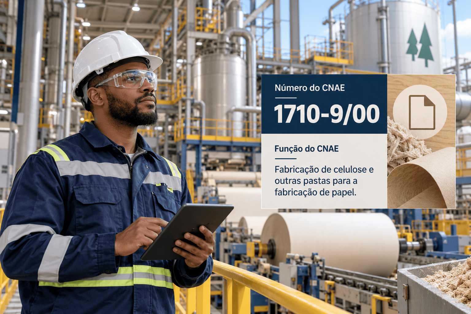 Fardos de celulose num pátio industrial, ilustrando o CNAE 1710-9/00