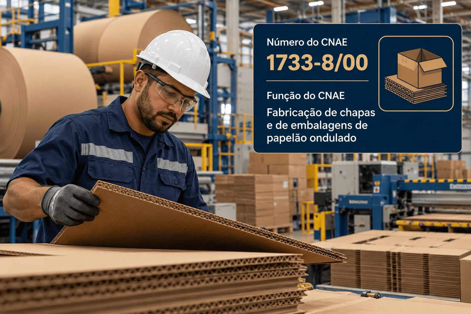 Caixas de papelão ondulado empilhadas numa fábrica, ilustrando o CNAE 1733-8/00