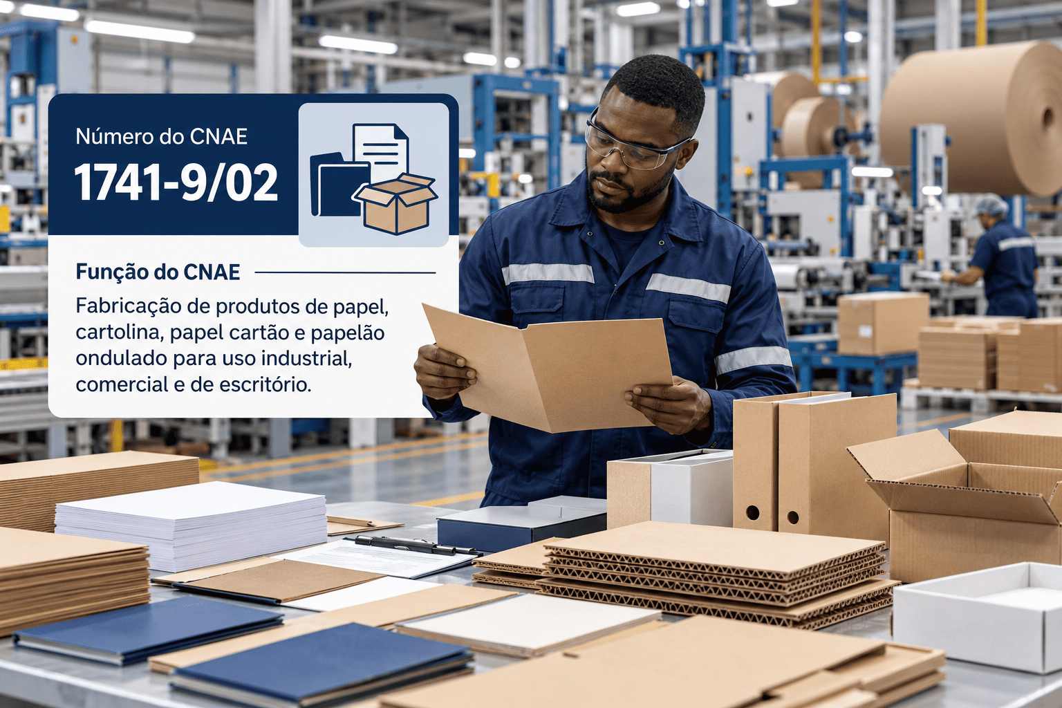 Cadernos e envelopes numa fábrica de produtos de papel, ilustrando o CNAE 1741-9/02
