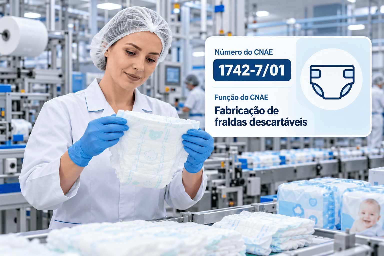 Fraldas descartáveis sendo embaladas numa fábrica, ilustrando o CNAE 1742-7/01