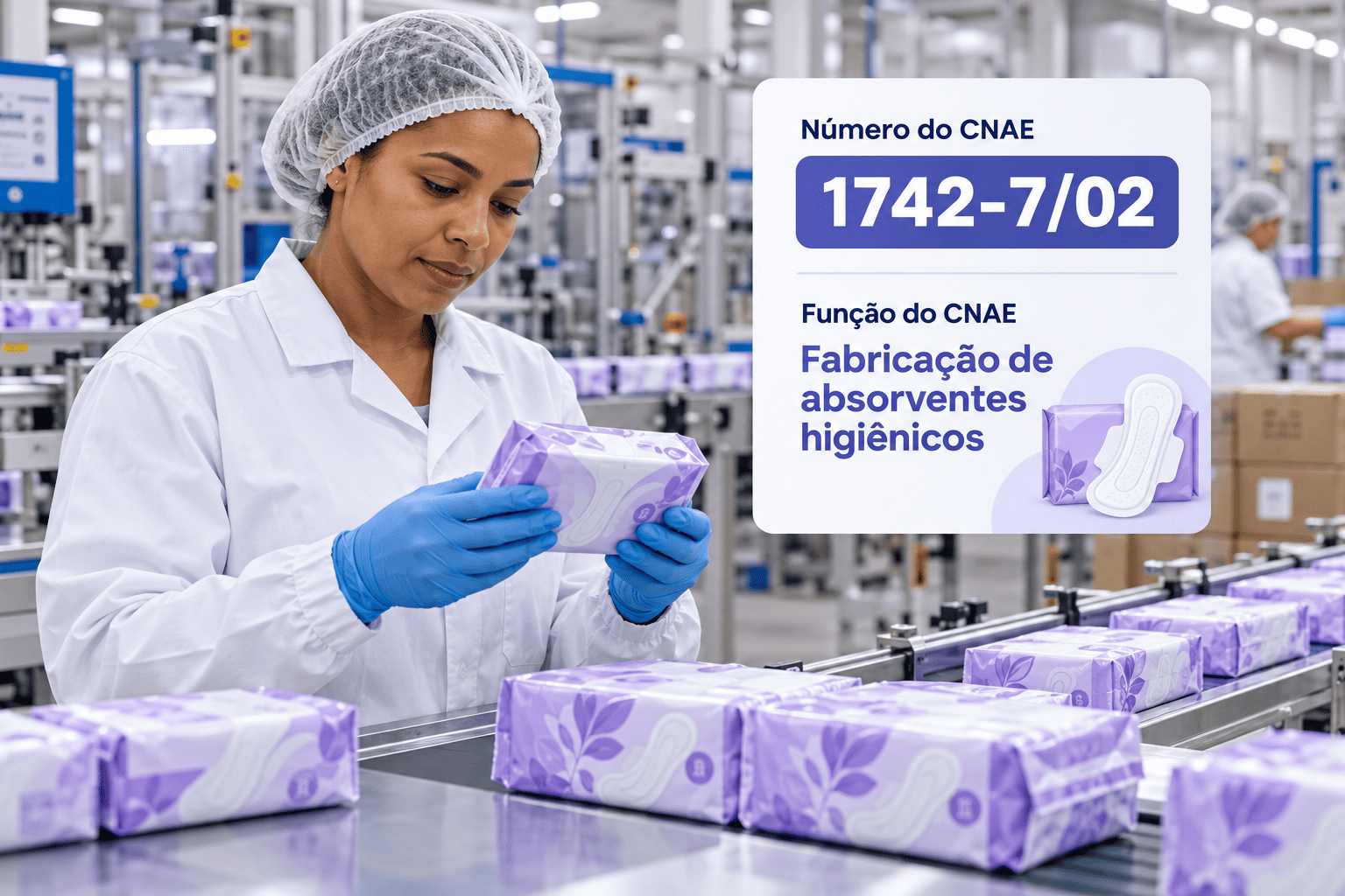 Absorventes higiênicos sendo embalados numa fábrica, ilustrando o CNAE 1742-7/02