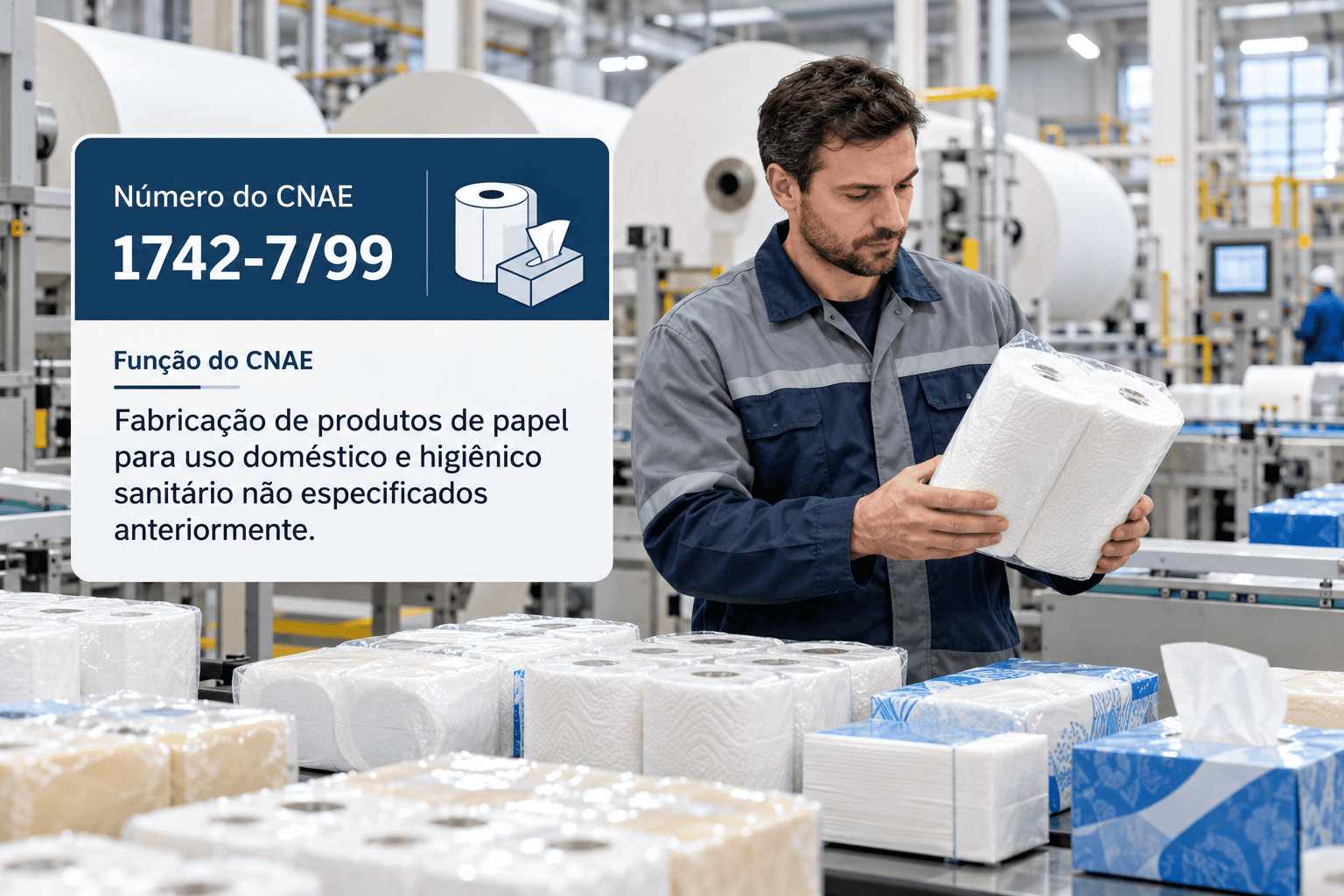 Rolos de papel higiênico sendo embalados numa fábrica, ilustrando o CNAE 1742-7/99