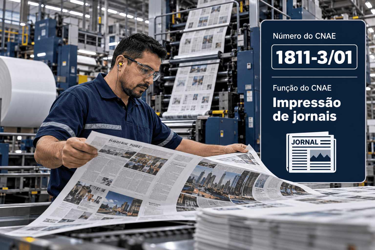 Rotativa imprimindo jornais numa gráfica, ilustrando o CNAE 1811-3/01