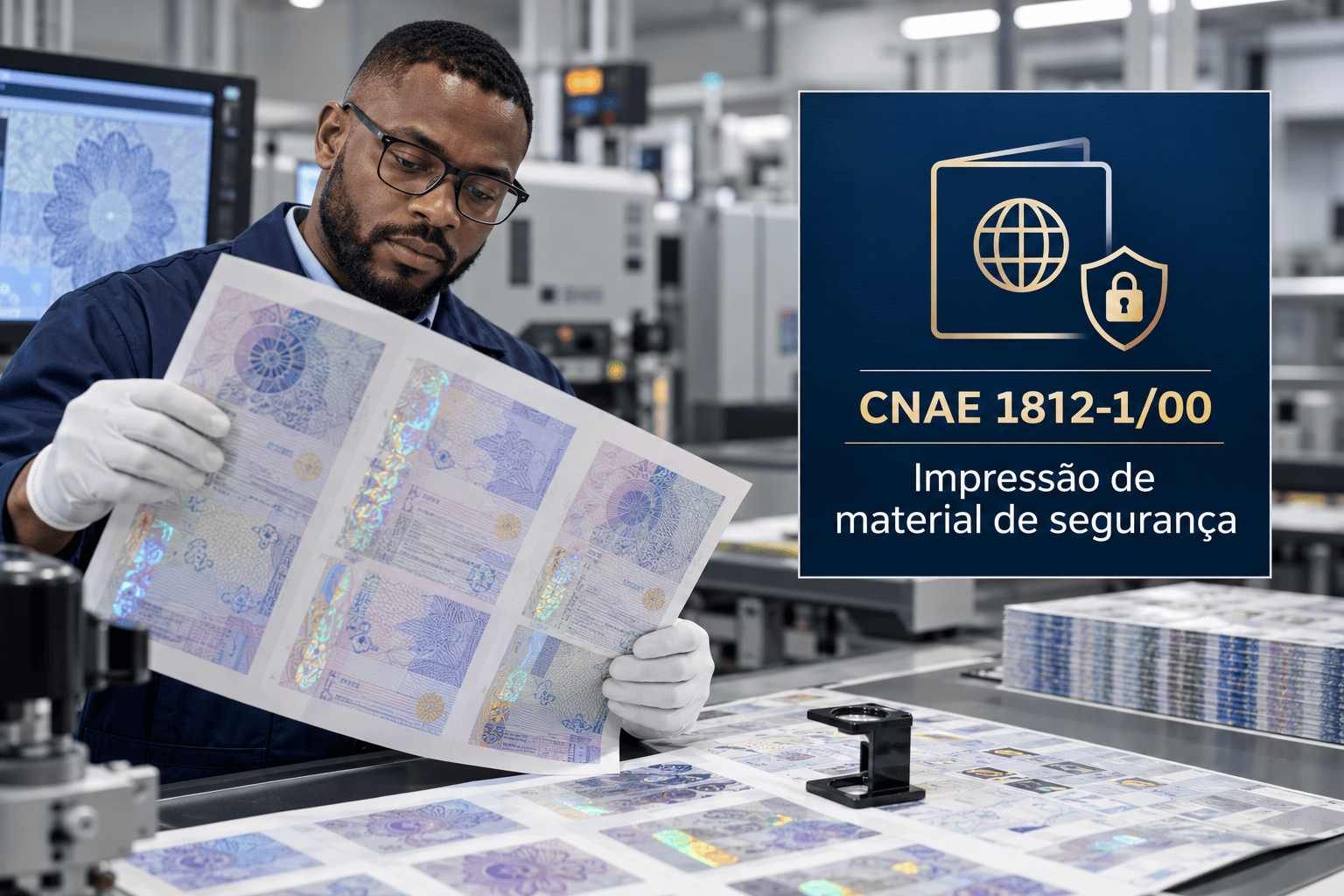 Folhas de ingressos com holograma numa gráfica de segurança, ilustrando o CNAE 1812-1/00