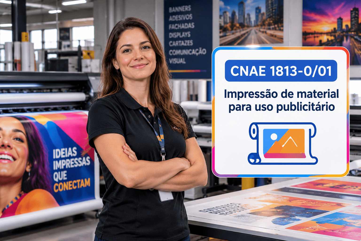 Banner sendo impresso numa plotter de grande formato, ilustrando o CNAE 1813-0/01