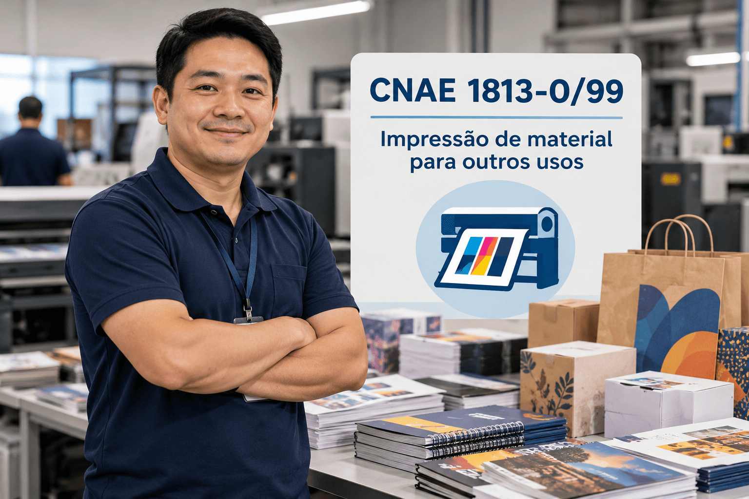 Convites e cartões sendo impressos numa gráfica rápida, ilustrando o CNAE 1813-0/99
