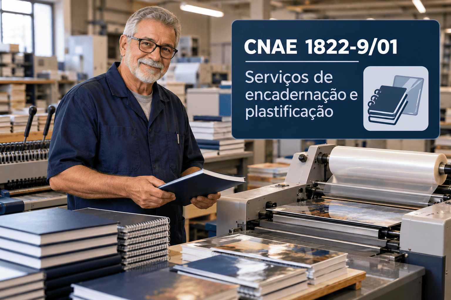 Encadernador costurando a lombada de um livro, ilustrando o CNAE 1822-9/01