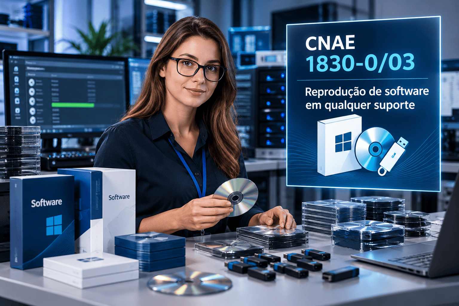 Pendrives e discos com software sendo gravados, ilustrando o CNAE 1830-0/03