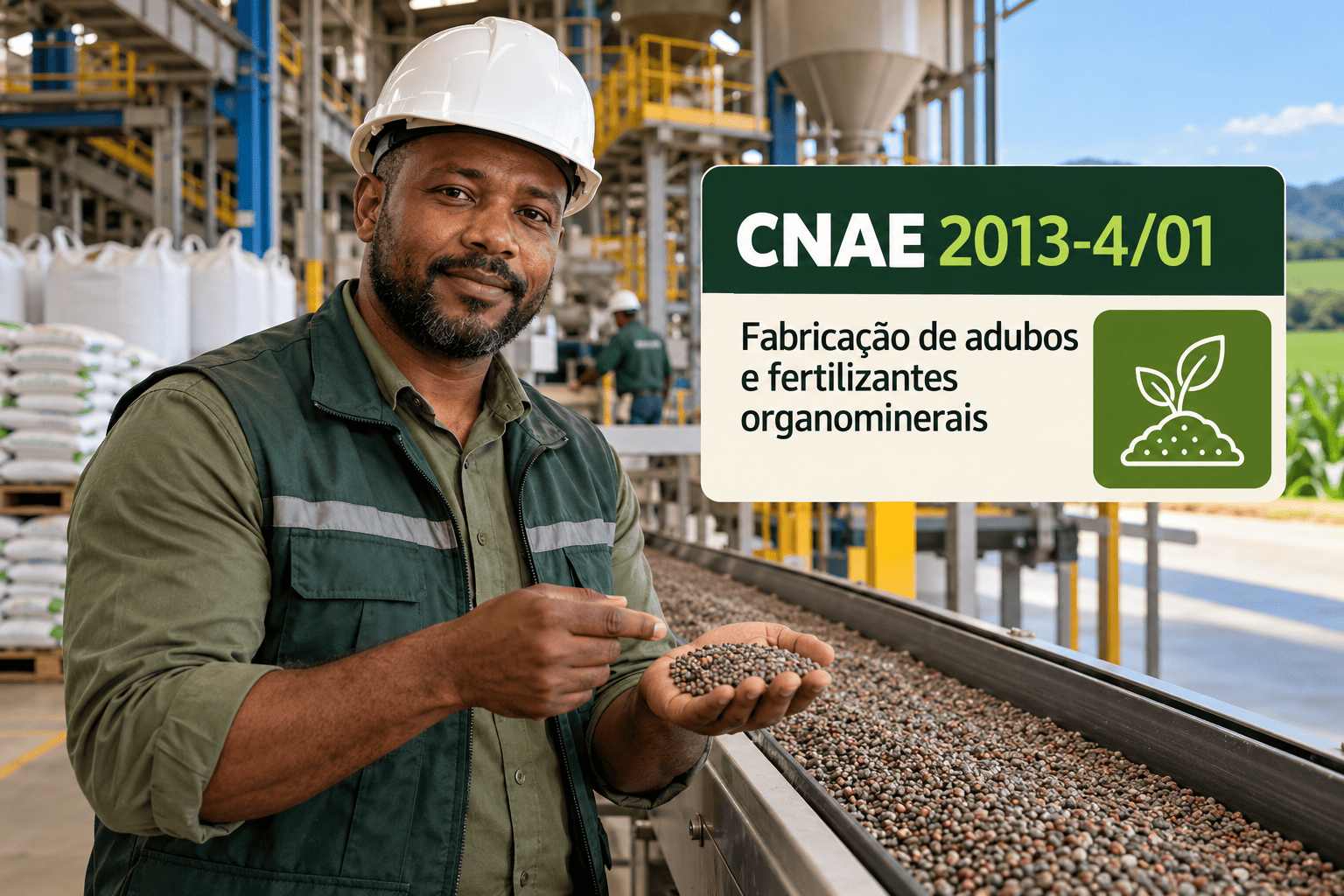 Sacos de fertilizante organomineral numa fábrica, ilustrando o CNAE 2013-4/01