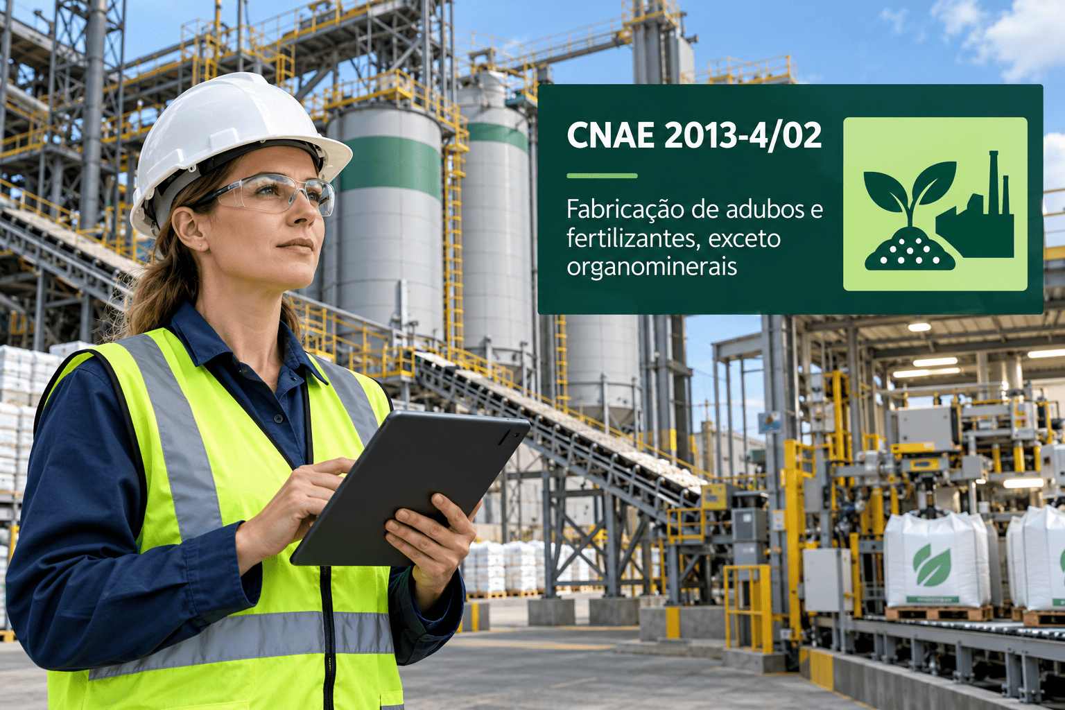 Sacos de fertilizante NPK empilhados numa fábrica, ilustrando o CNAE 2013-4/02