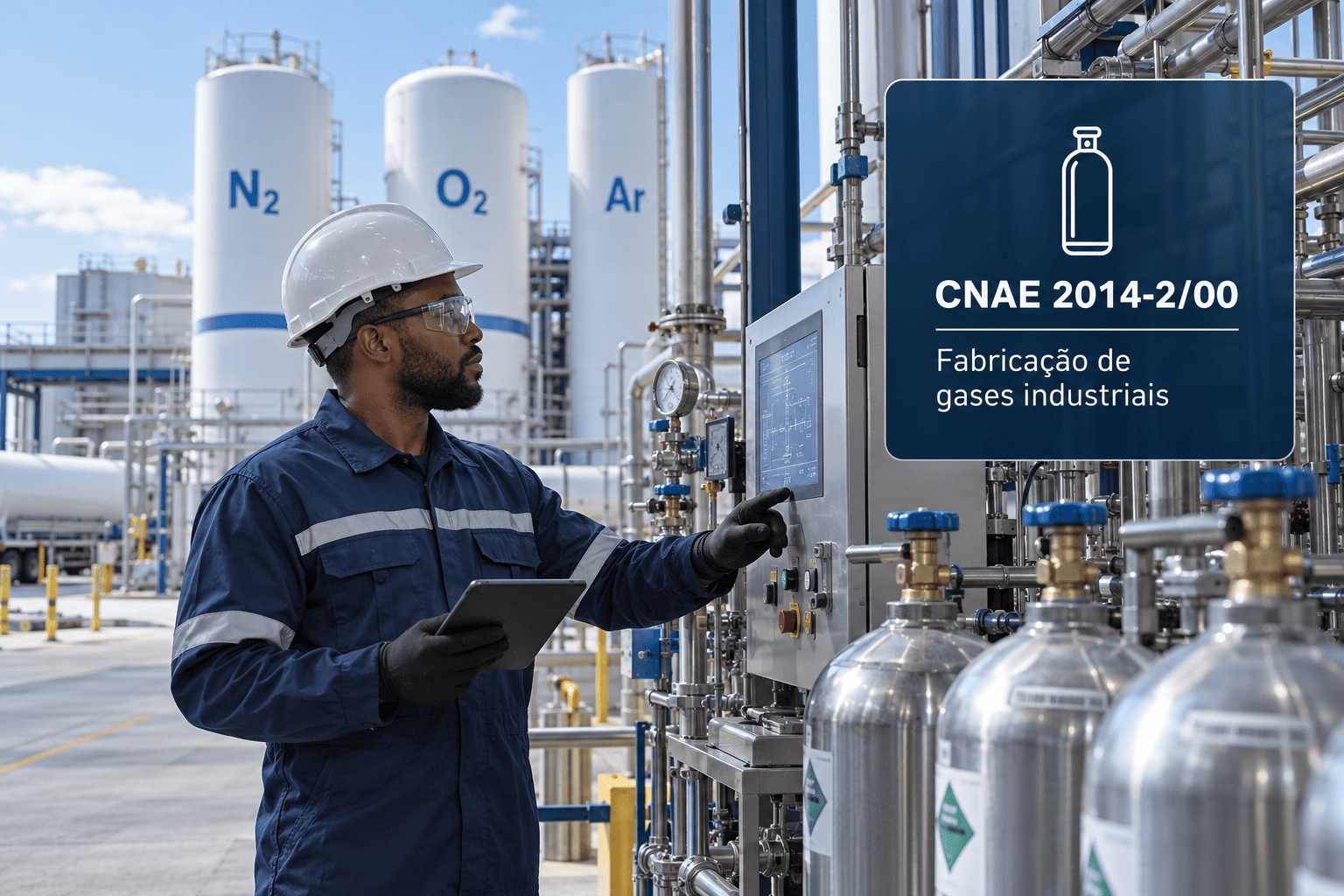 Cilindros de gases industriais numa fábrica, ilustrando o CNAE 2014-2/00
