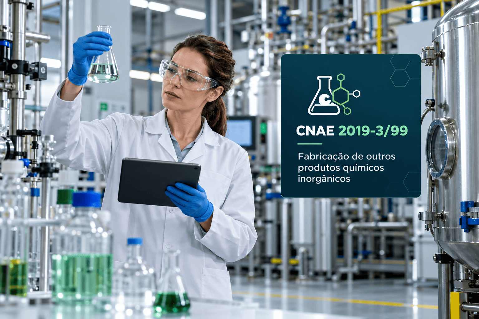 Sacos de produtos químicos inorgânicos numa fábrica, ilustrando o CNAE 2019-3/99