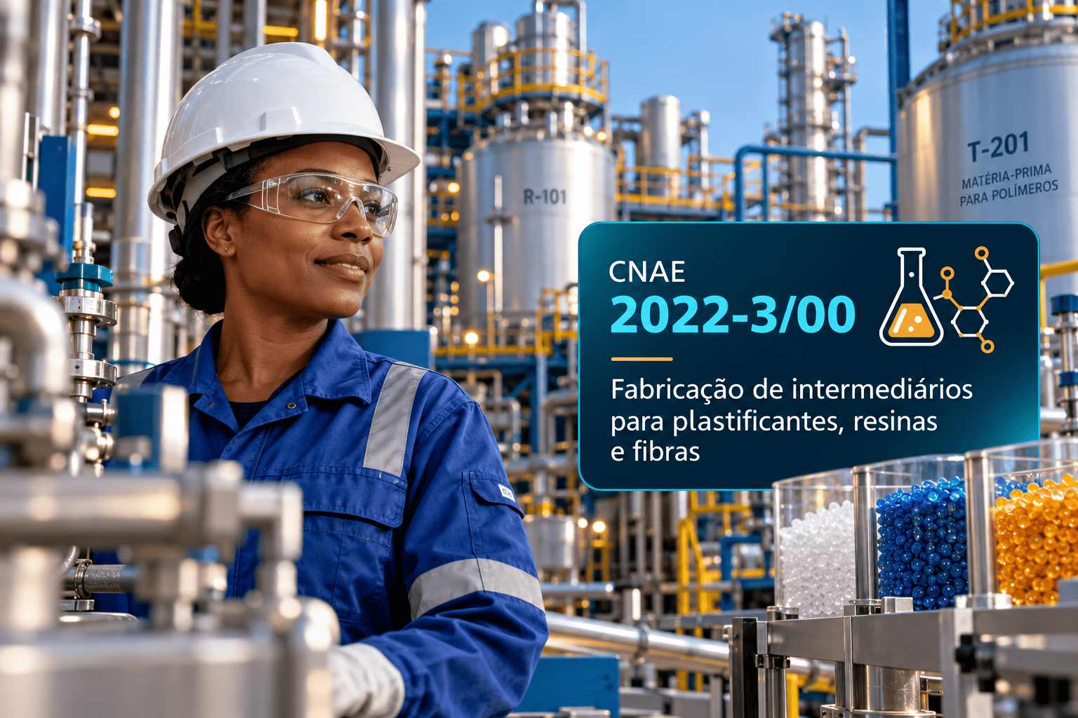 Reatores químicos numa fábrica de intermediários, ilustrando o CNAE 2022-3/00