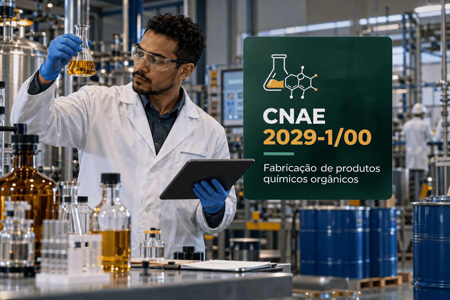 Tambores de solventes numa indústria química, ilustrando o CNAE 2029-1/00