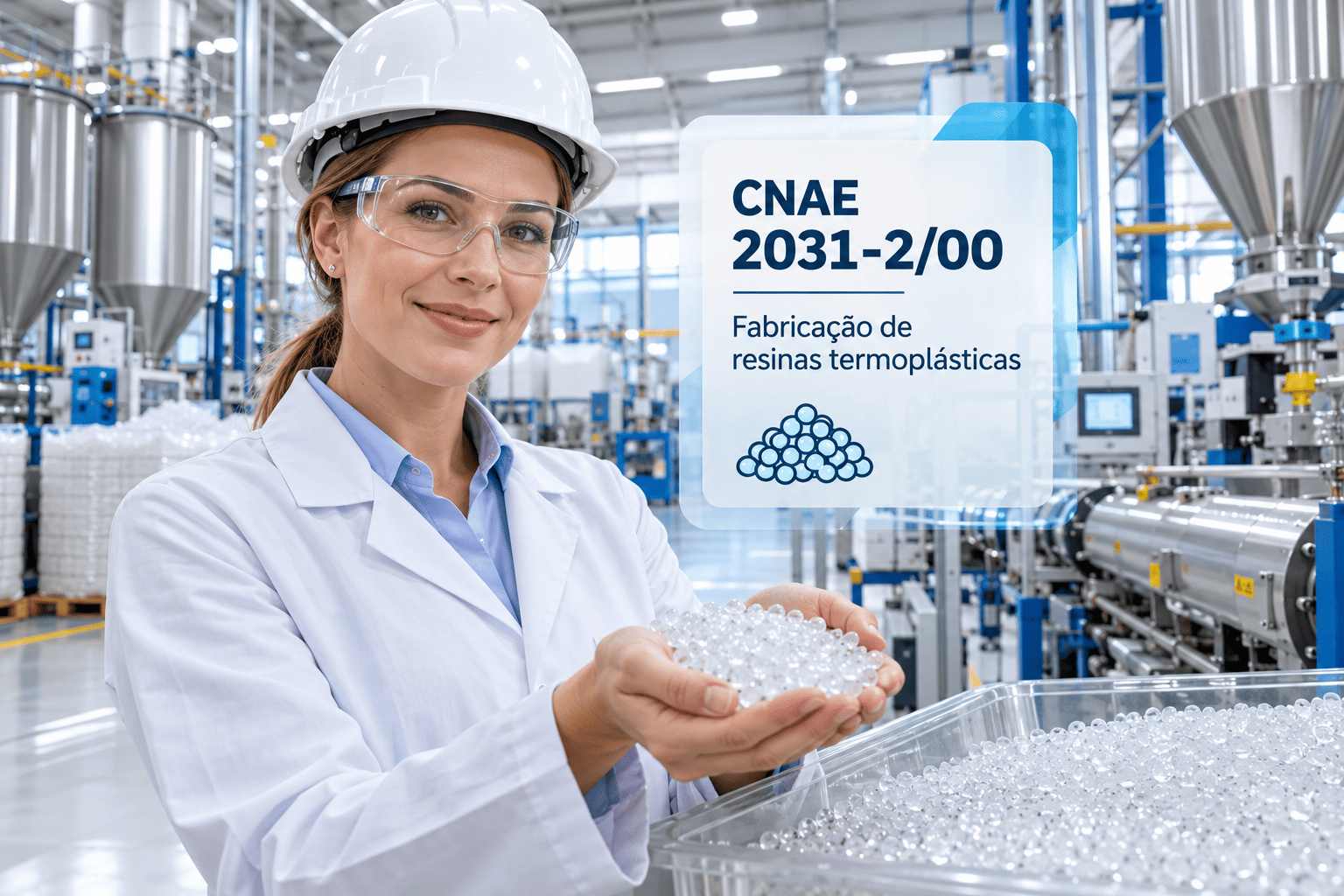Grãos de resina plástica numa fábrica, ilustrando o CNAE 2031-2/00