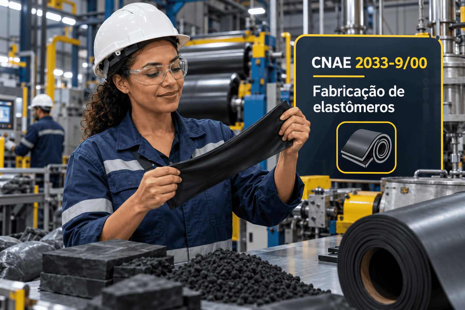 Fardos de borracha sintética numa fábrica, ilustrando o CNAE 2033-9/00