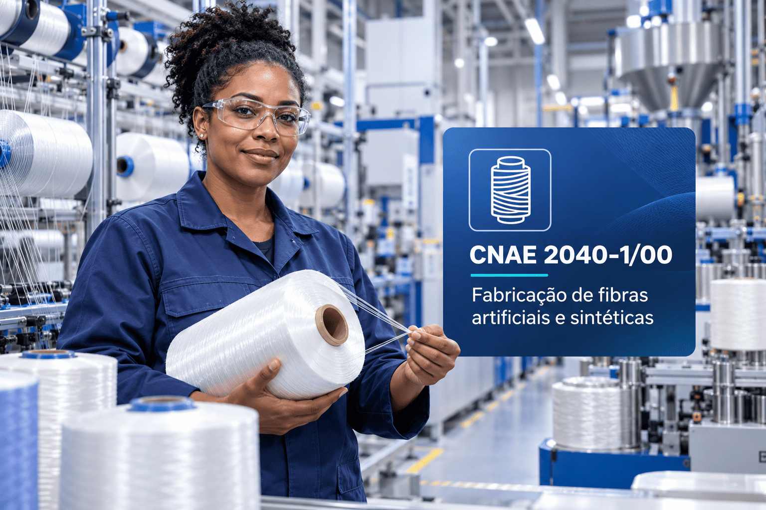 Bobinas de filamento sintético numa fábrica, ilustrando o CNAE 2040-1/00