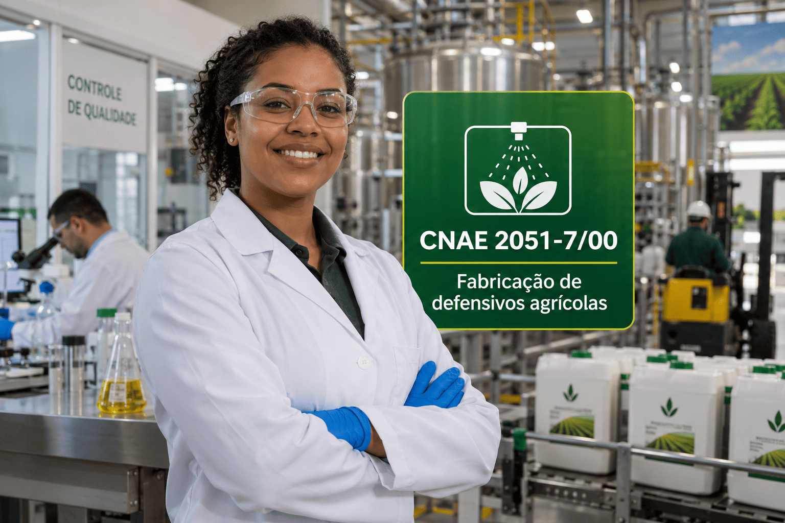 Embalagens de defensivos agrícolas numa fábrica, ilustrando o CNAE 2051-7/00