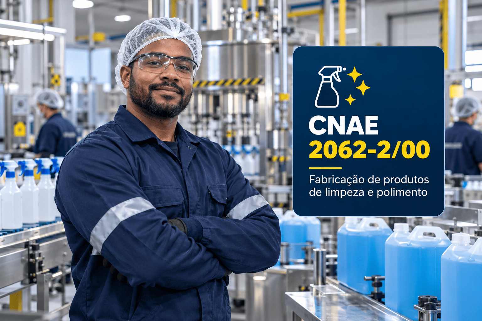 Frascos de água sanitária e desinfetante numa fábrica, ilustrando o CNAE 2062-2/00