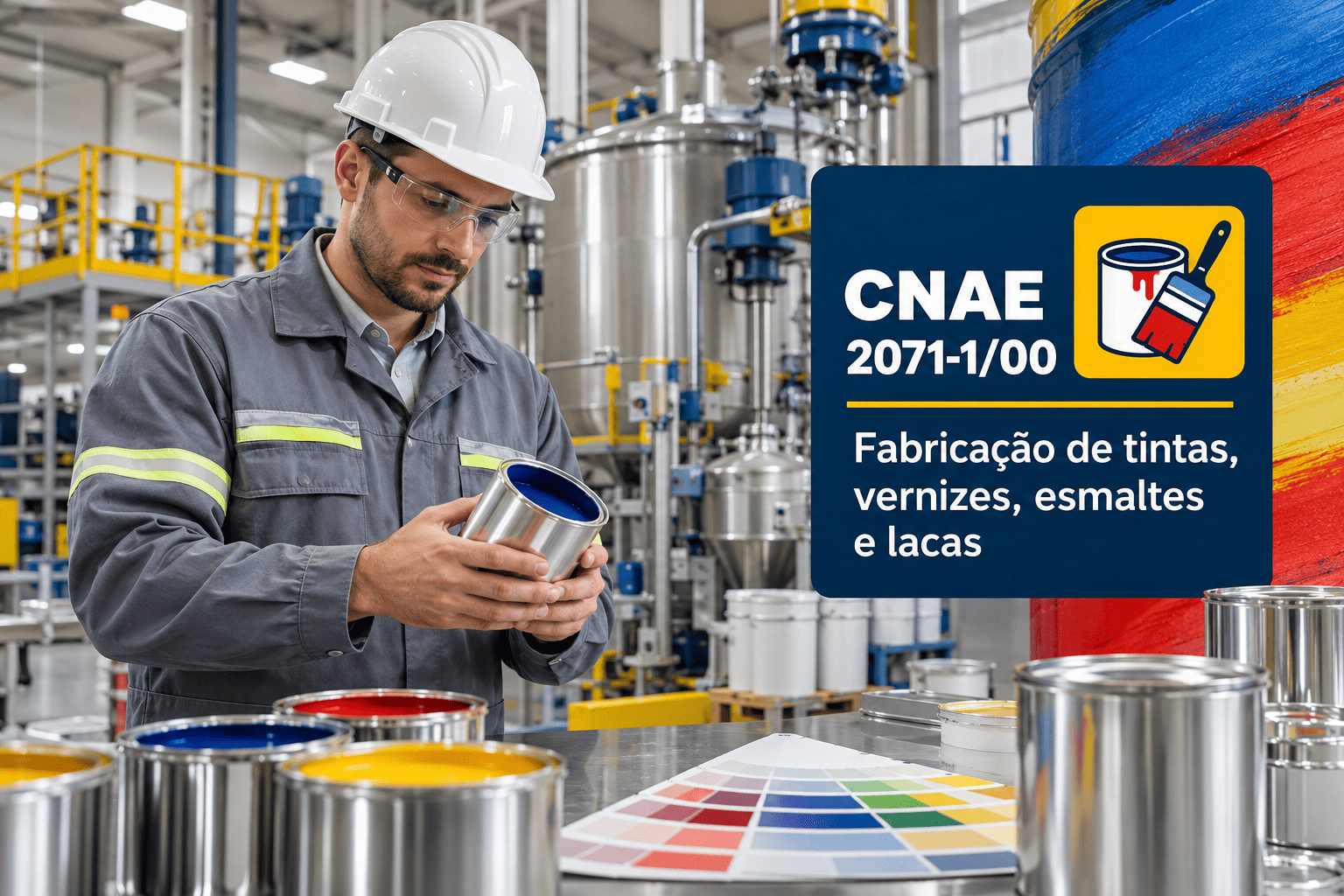 Latas de tinta numa linha de envase, ilustrando o CNAE 2071-1/00