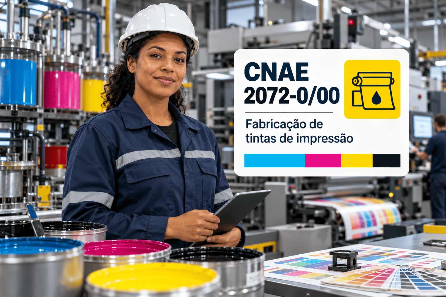 Latas de tinta gráfica de várias cores numa fábrica, ilustrando o CNAE 2072-0/00