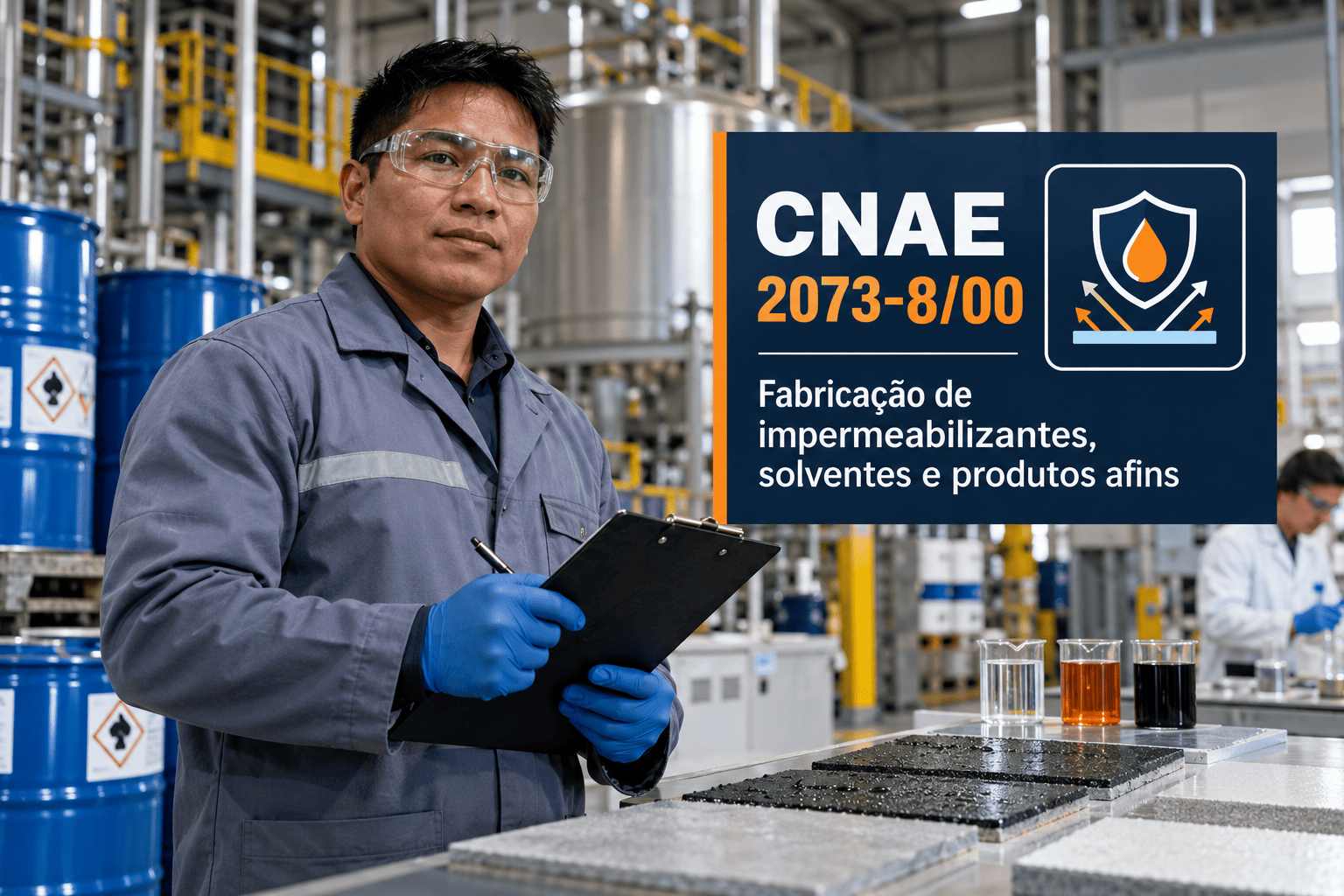 Embalagens de impermeabilizante e thinner numa fábrica, ilustrando o CNAE 2073-8/00
