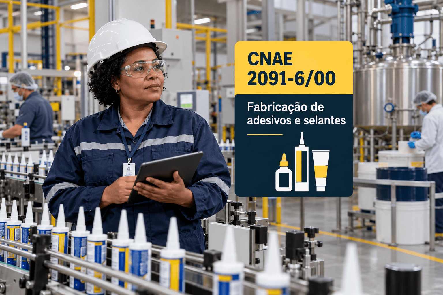 Tubos de cola e selante numa fábrica, ilustrando o CNAE 2091-6/00