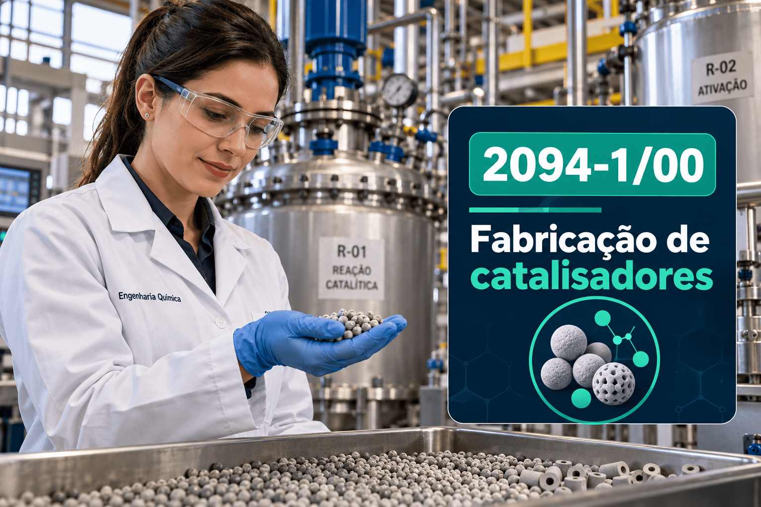 Catalisador em pellets numa fábrica química, ilustrando o CNAE 2094-1/00