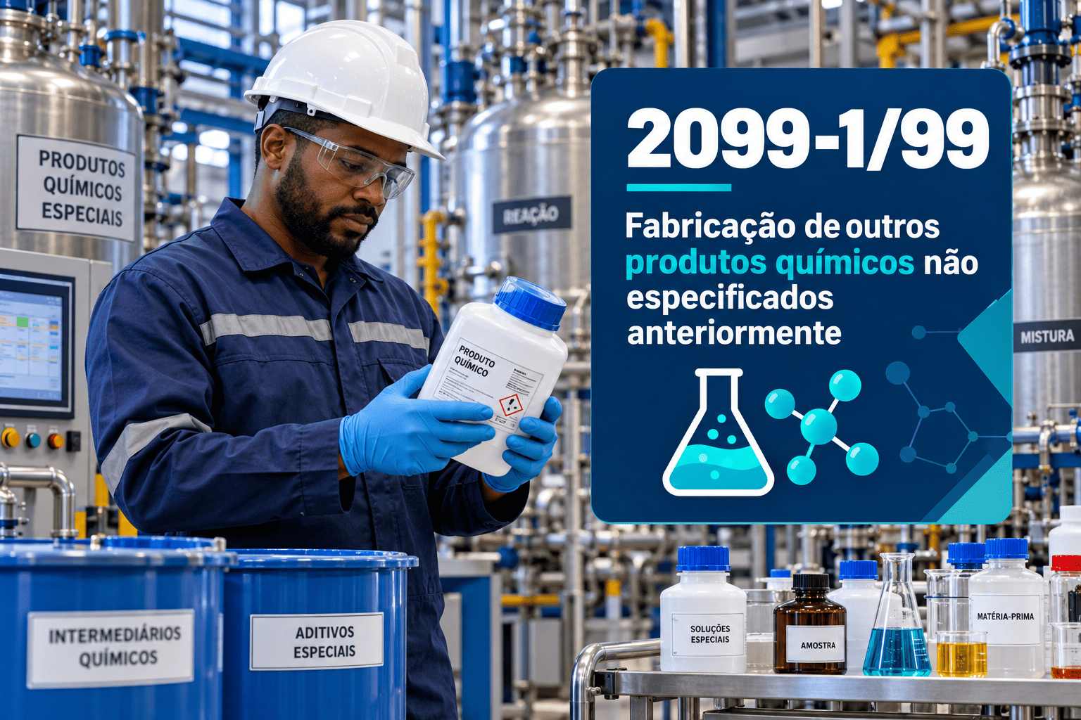 Frascos e galões de produtos químicos numa fábrica, ilustrando o CNAE 2099-1/99