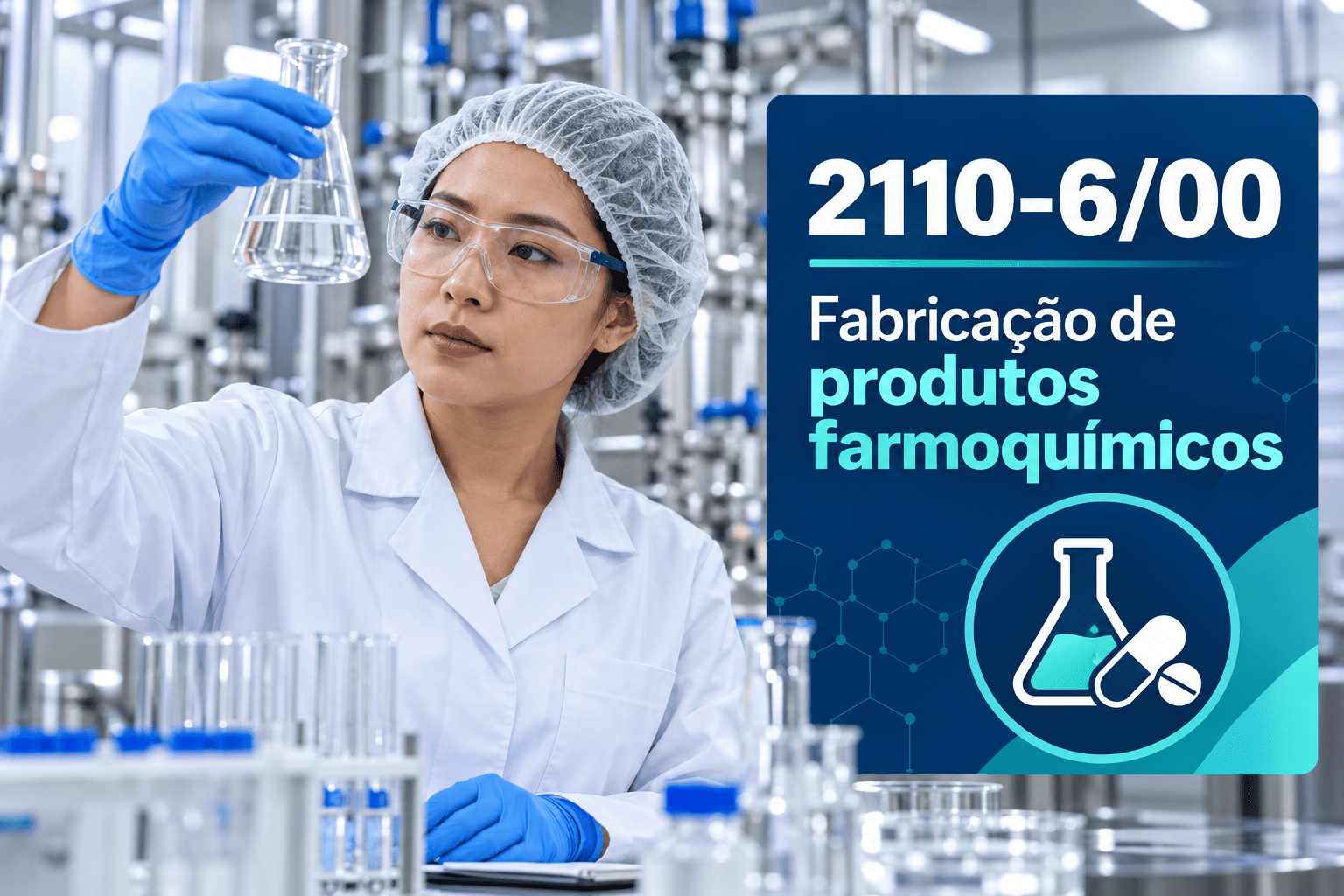 Reatores numa fábrica de insumos farmacêuticos, ilustrando o CNAE 2110-6/00