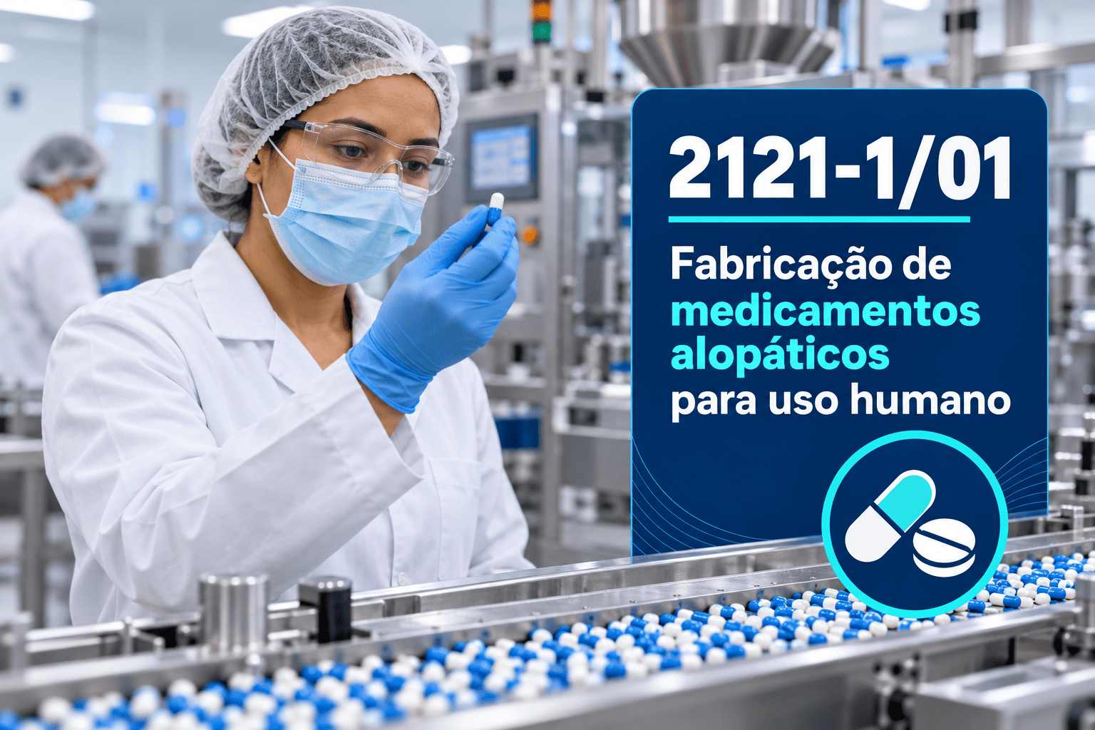 Linha de embalagem de comprimidos numa fábrica, ilustrando o CNAE 2121-1/01