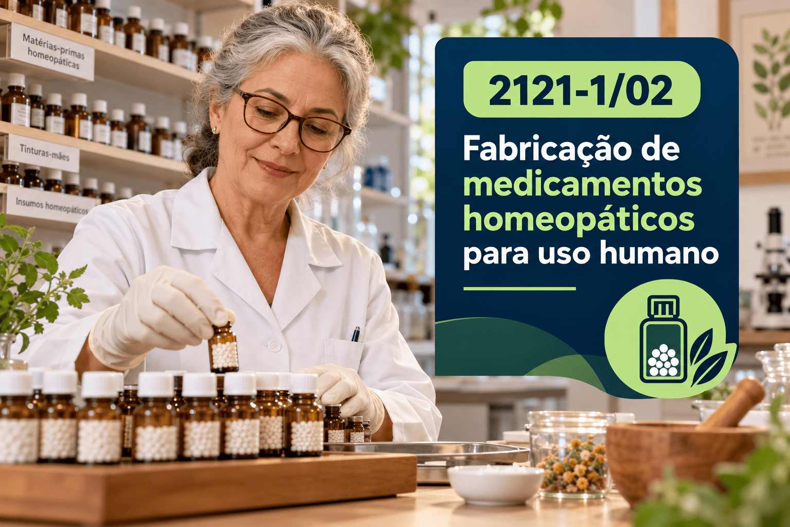 Frascos de medicamentos homeopáticos numa bancada, ilustrando o CNAE 2121-1/02