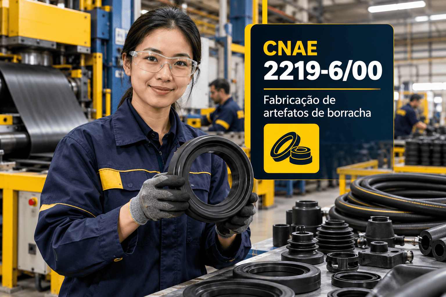 Juntas e peças de borracha moldadas numa fábrica, ilustrando o CNAE 2219-6/00