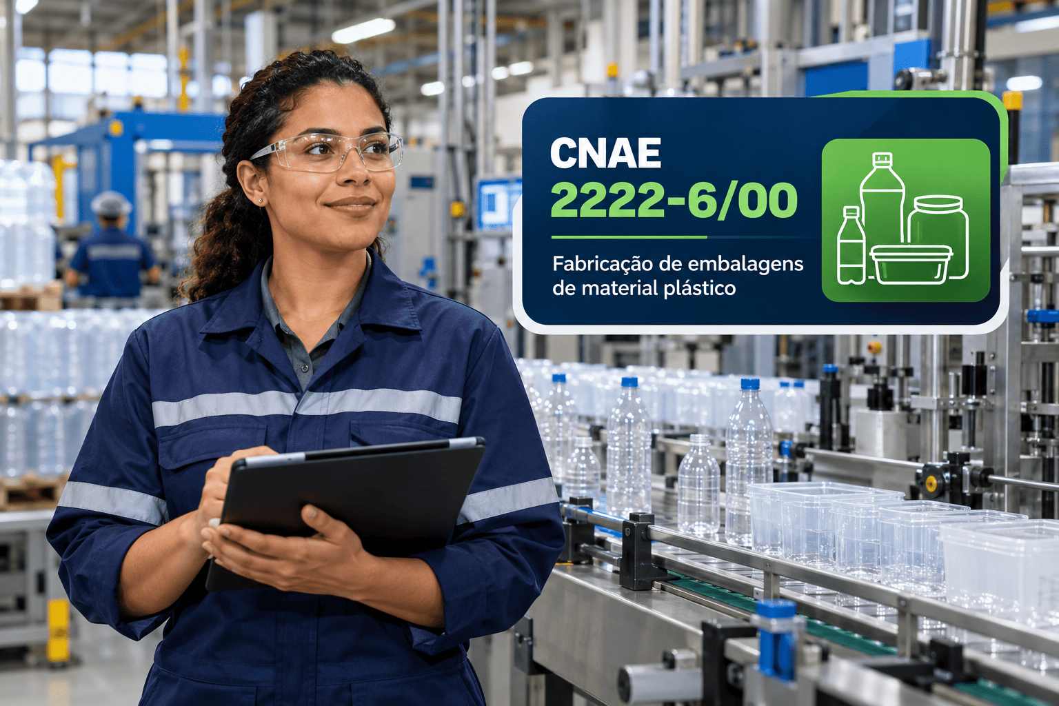 Garrafas e potes plásticos numa linha de produção, ilustrando o CNAE 2222-6/00