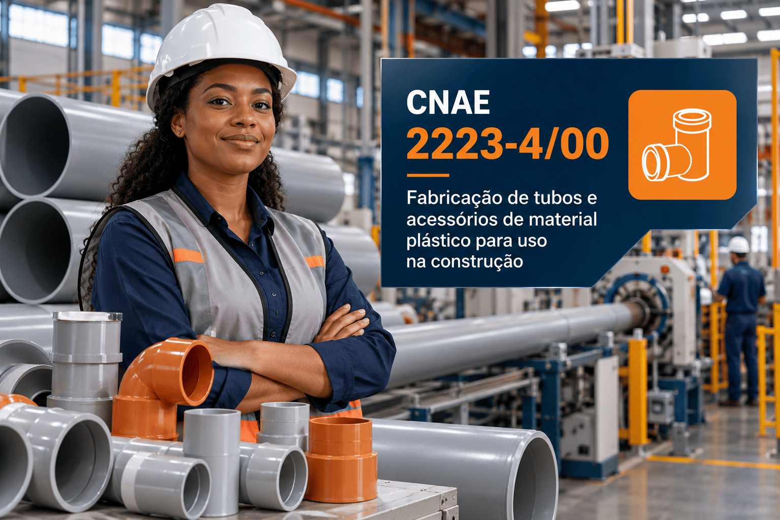 Tubos e conexões de PVC empilhados numa fábrica, ilustrando o CNAE 2223-4/00