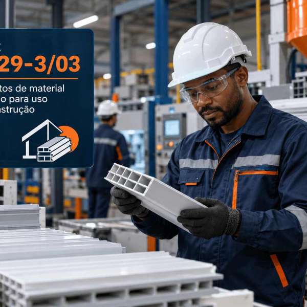 Caixas d'água e perfis de PVC numa fábrica, ilustrando o CNAE 2229-3/03