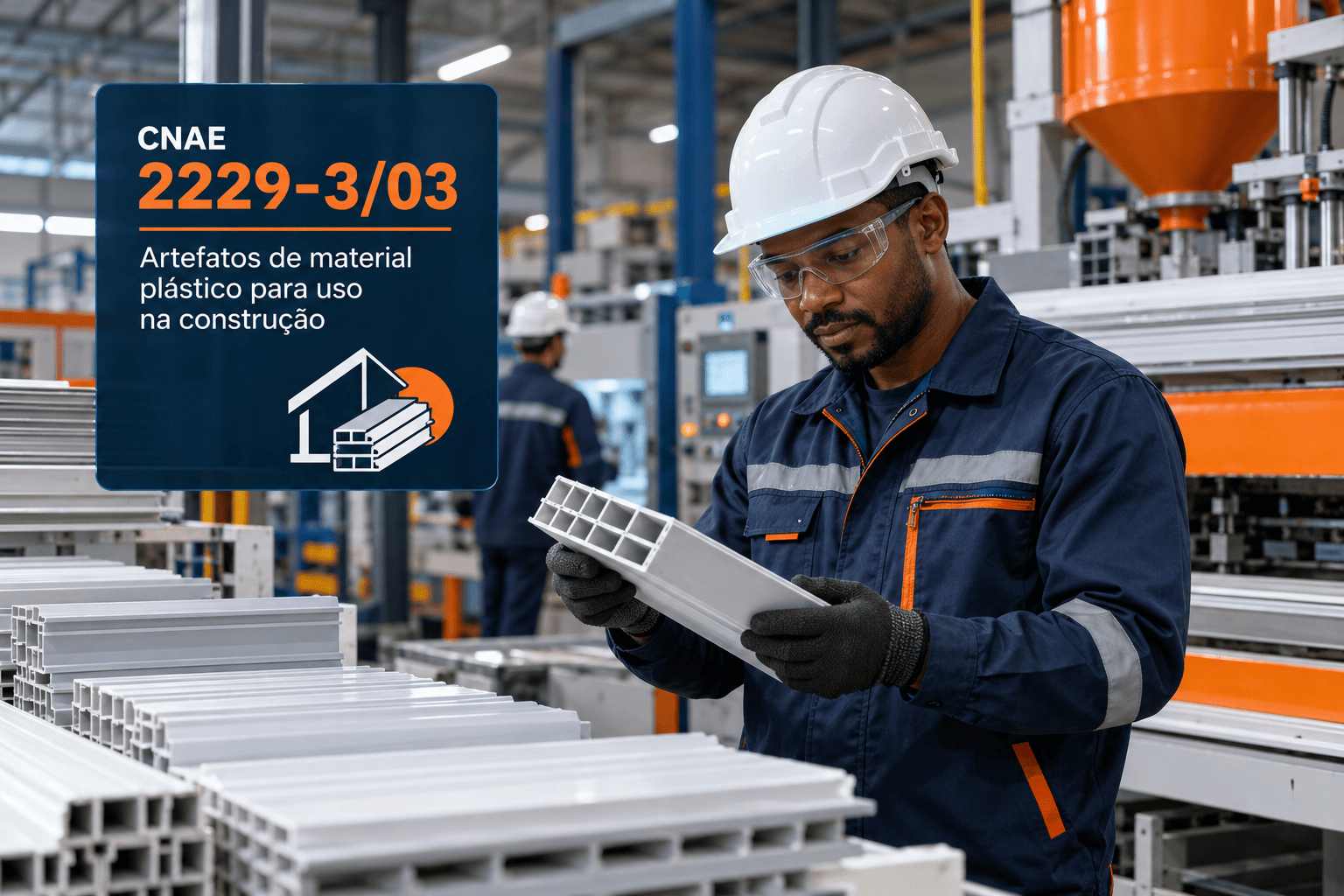 Caixas d'água e perfis de PVC numa fábrica, ilustrando o CNAE 2229-3/03