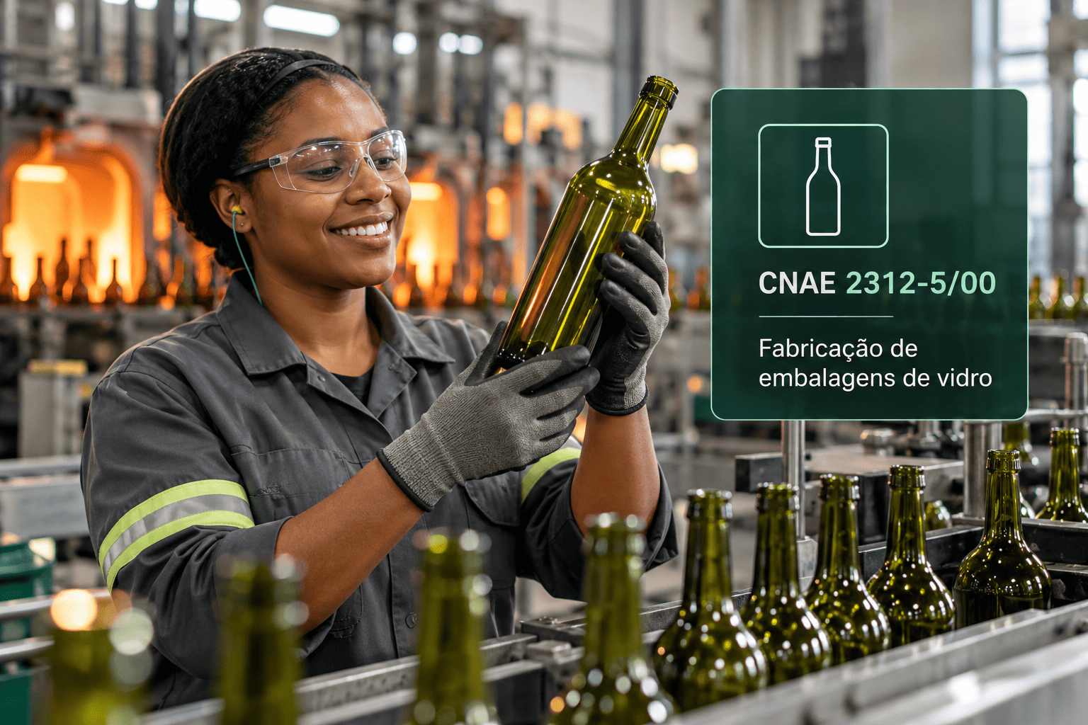 Garrafas de vidro numa linha de produção, ilustrando o CNAE 2312-5/00