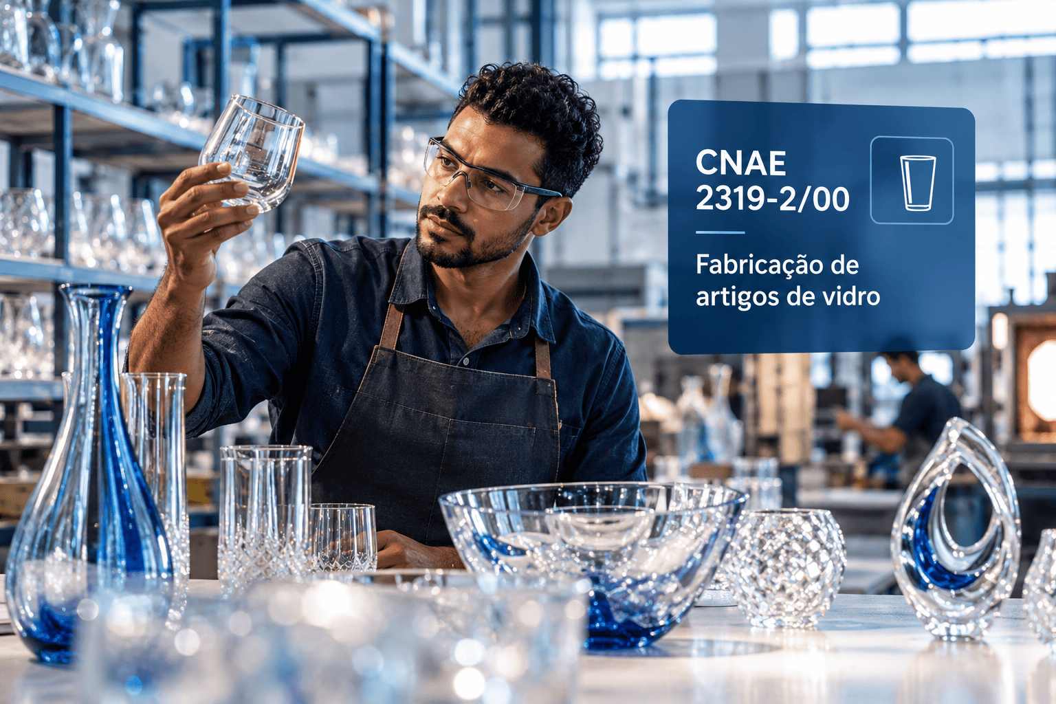 Copos e peças de vidro numa vitrine, ilustrando o CNAE 2319-2/00