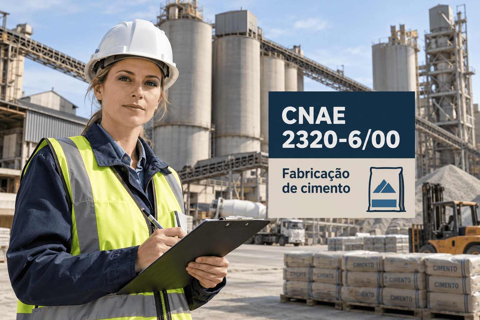Fábrica de cimento com fornos e silos, ilustrando o CNAE 2320-6/00