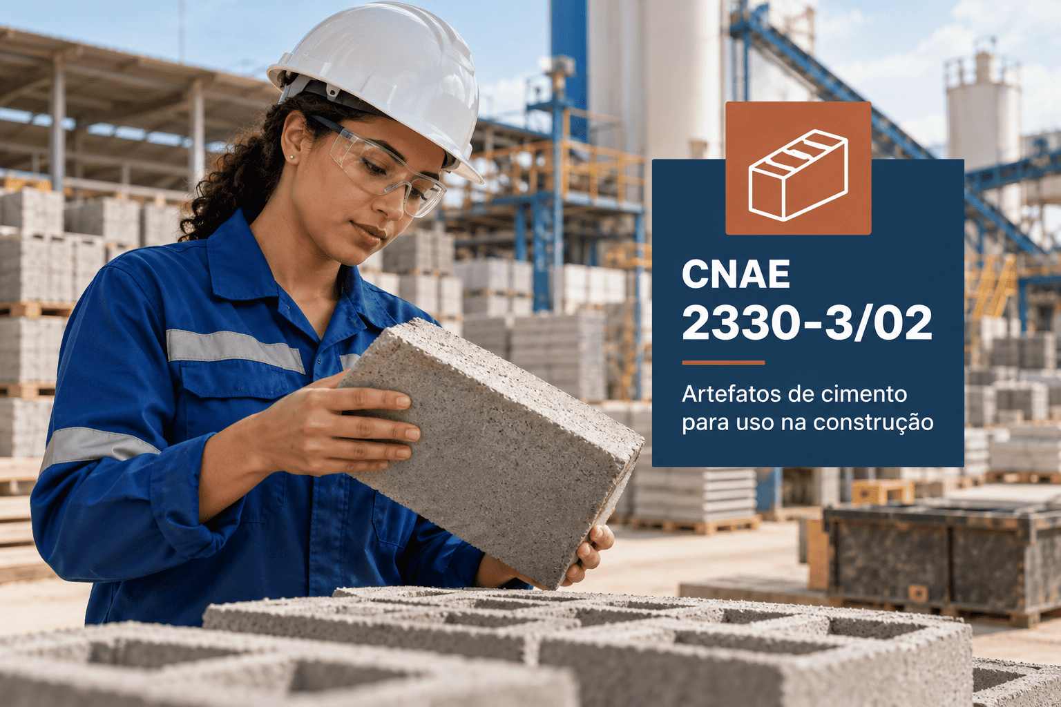 Blocos de concreto empilhados numa fábrica, ilustrando o CNAE 2330-3/02