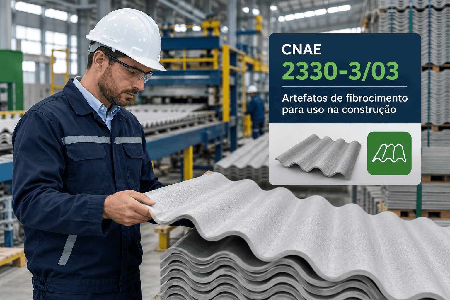 Telhas onduladas de fibrocimento empilhadas, ilustrando o CNAE 2330-3/03