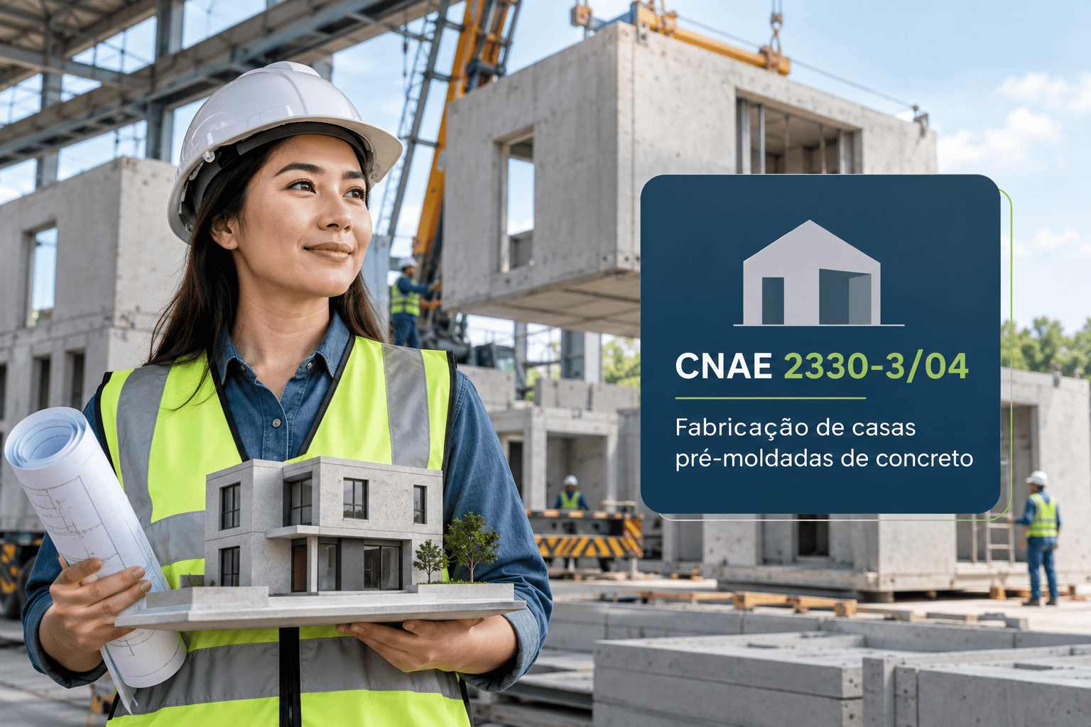 Painéis de concreto de uma casa pré-moldada em montagem, ilustrando o CNAE 2330-3/04
