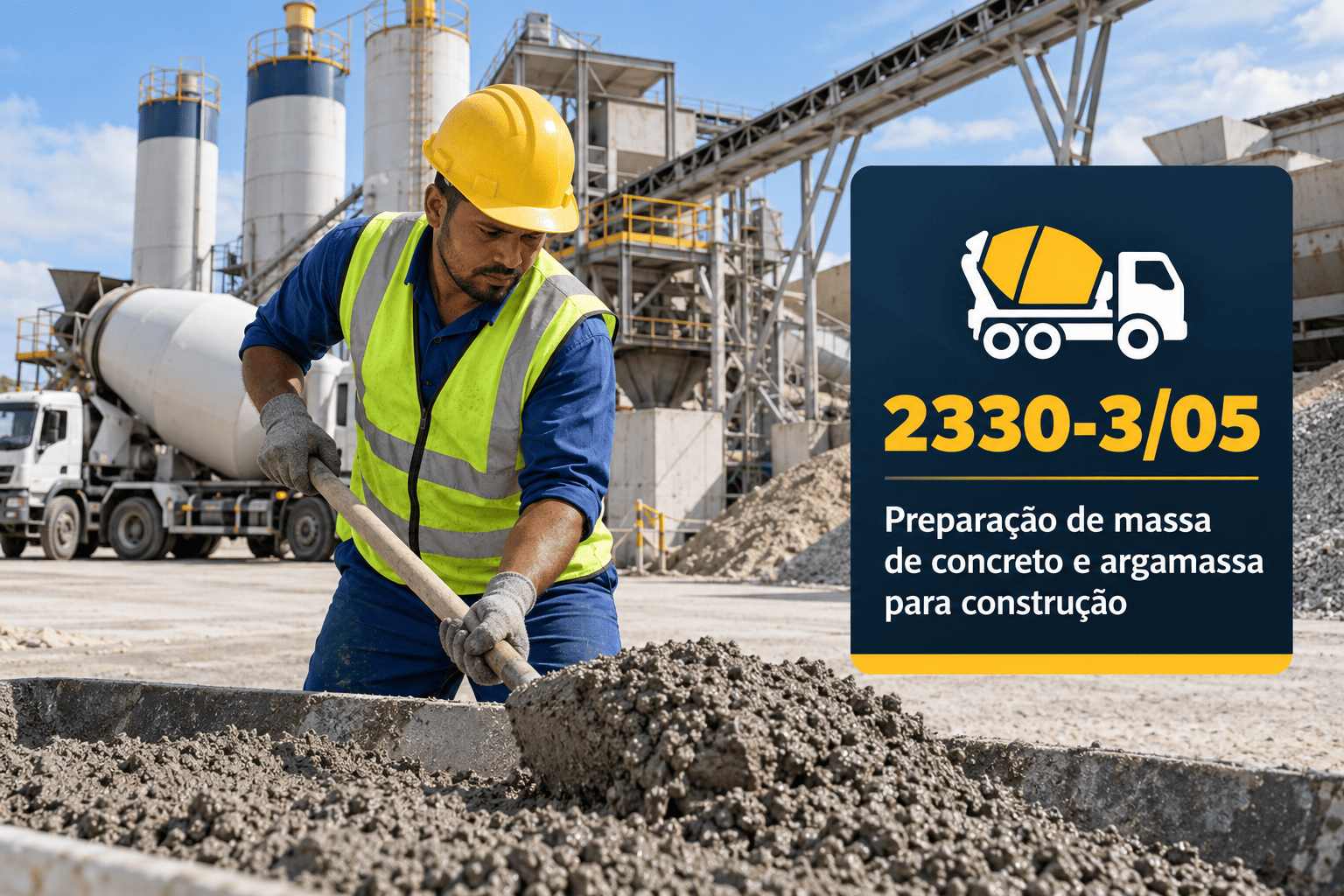Caminhão-betoneira descarregando concreto numa obra, ilustrando o CNAE 2330-3/05