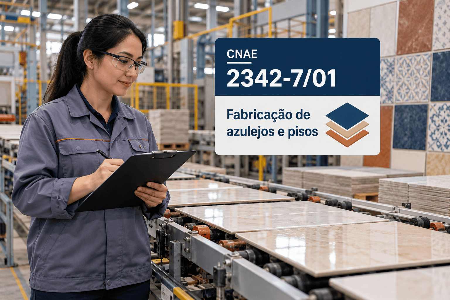 Placas de porcelanato numa linha de produção, ilustrando o CNAE 2342-7/01
